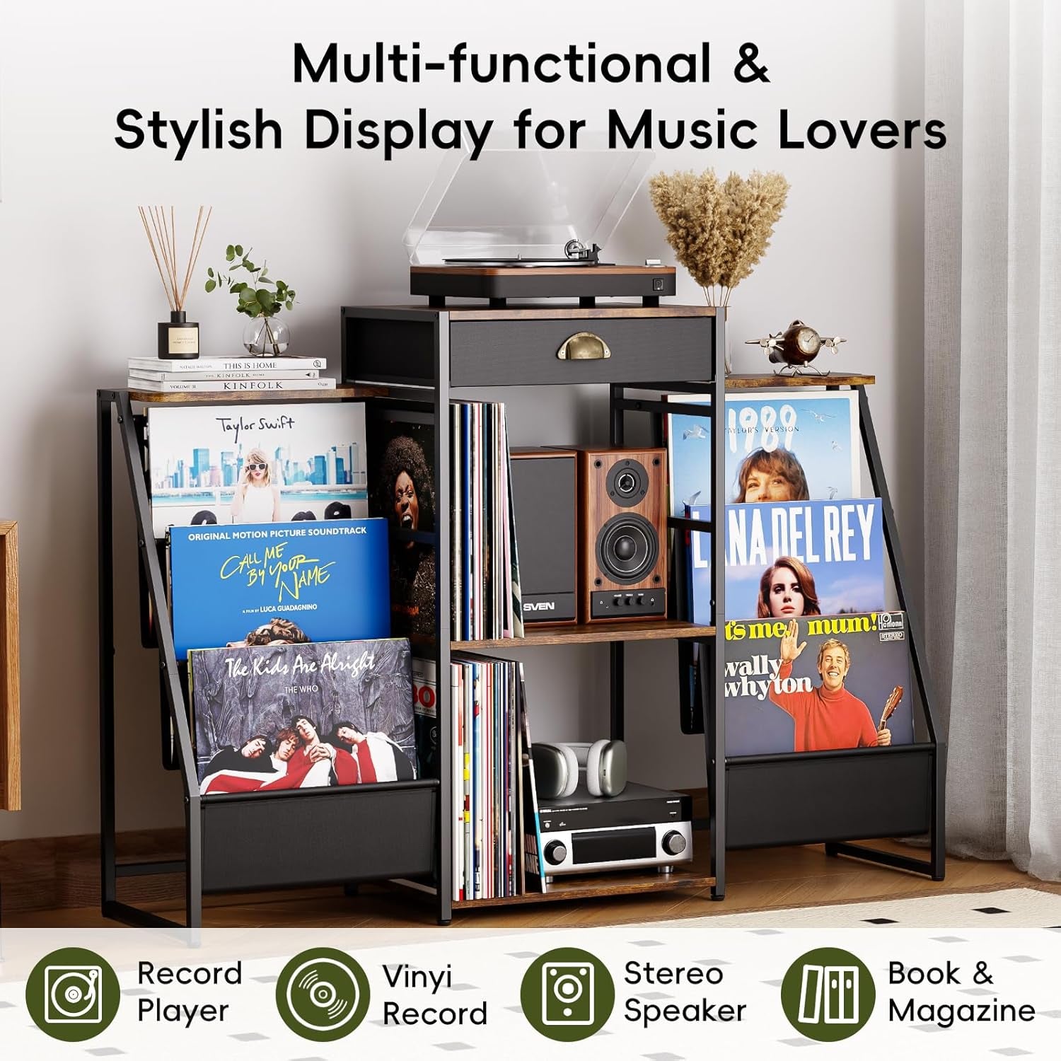 Record Player Stand with Vinyl Storage – Record Table with Holder,6-Bin Vinyl Storage Rack & Drawer, Dual Side Display Shelves,Holds 200+ Albums,Turntable Stand for Living Room,Bedroom (Brown)
