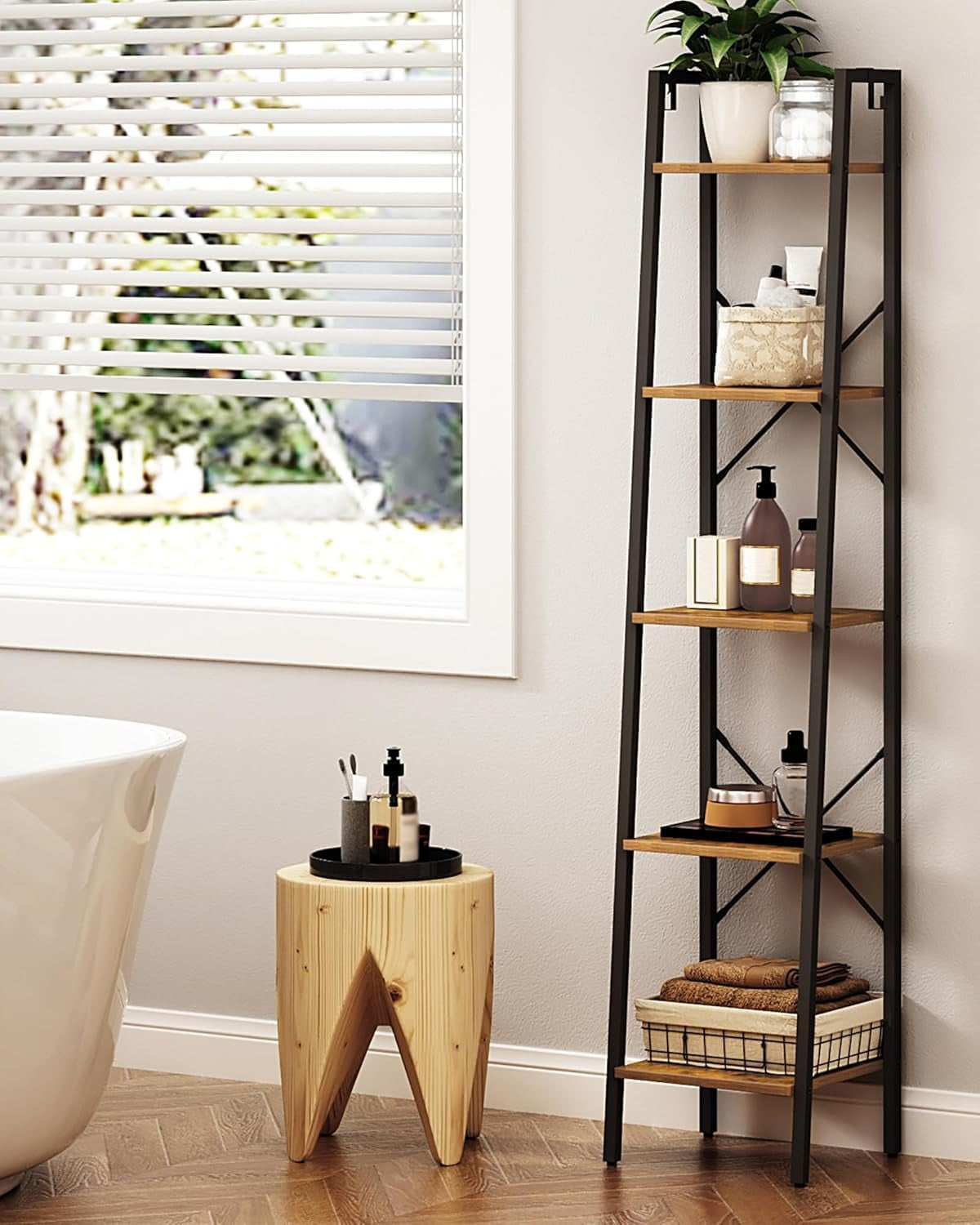 Ladder Shelf, Bookshelf Bookcase, Freestanding Corner Storage Shelve with 2 Hooks for Home Office, Living Room, Kitchen, Bedroom, Industrial, 11.8" D X 13.4" W X 63" H, Rustic Brown BC03201B