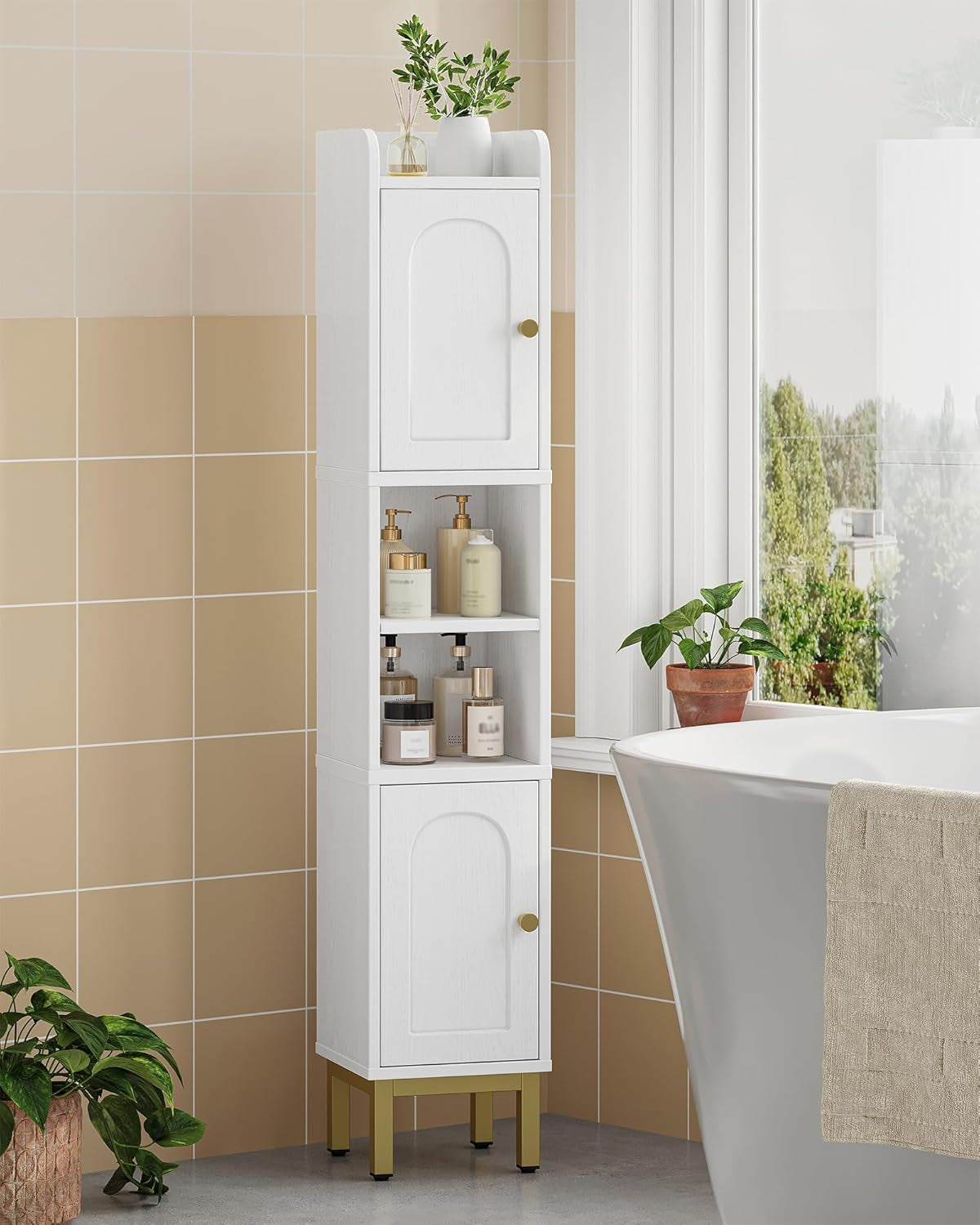 Narrow Bathroom Storage Cabinet, Bathroom Organizers and Storage with 2 Doors, Open Space，Adjustable Shelf, Laundry Room Organization for Small Space, Kitchen, Living Room, White BC22413G