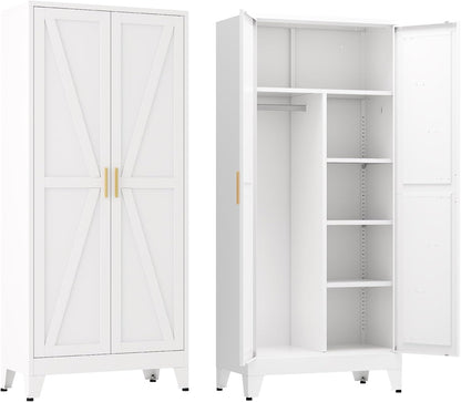 Metal Armoire Wardrobe Closet with Hanging Rod,71'' Laundry Room Cabinets with 2 Doors and 3 Adjustable Shelves,Bedroom Armoires,Laundry Room Cabinets,Armario De Ropa Closet（Modern）
