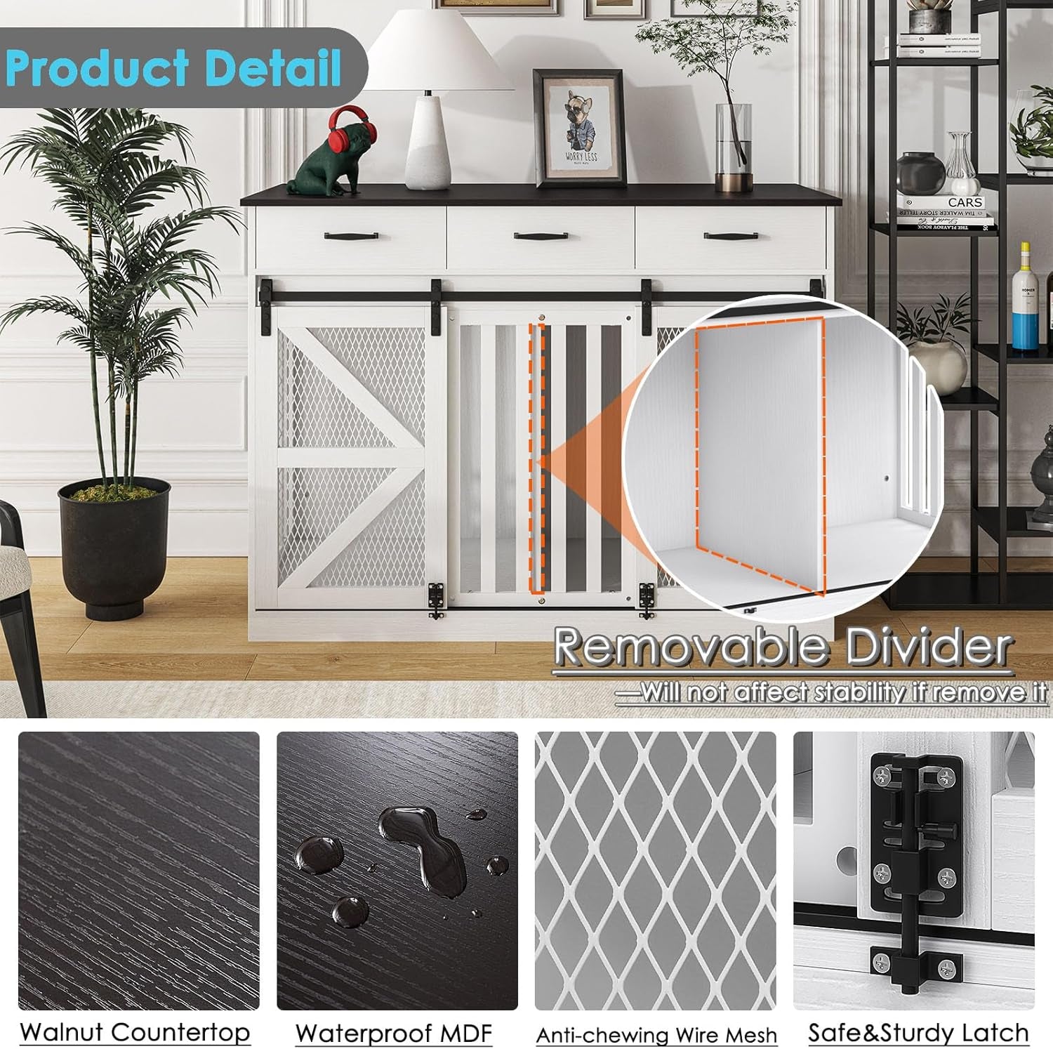 48'' Dog Crate Furniture with Divider&Storage Drawers, Wooden Double Dog Kennel Furniture End Table with Sliding Barn Doors, White Double Dog Crate TV Stand