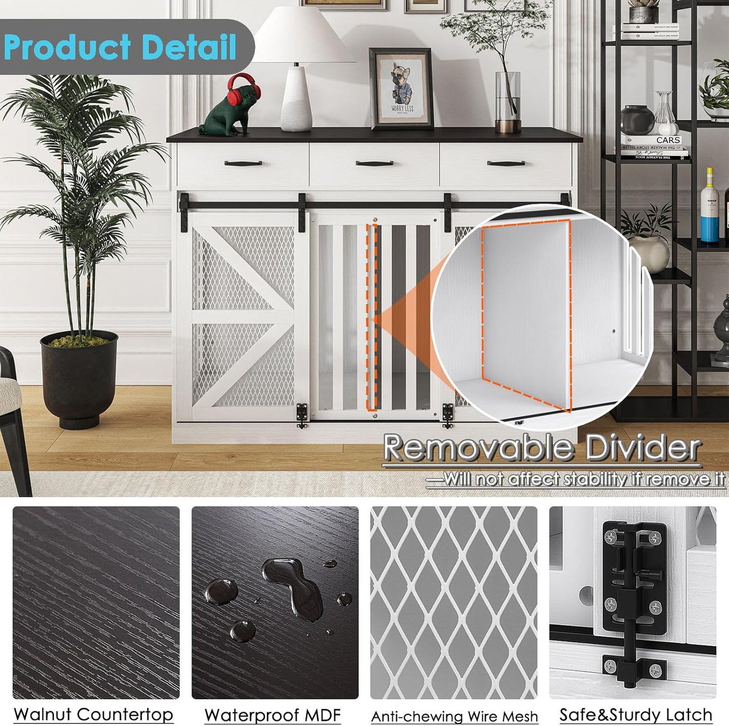 Large Dog Crate Furniture with Sliding Barn Door, 48" Wooden Dog Kennel Indoor End Side Table for Home Decor, Removable Divider, 3 Drawers, Furniture Style Dog Crate TV Stand