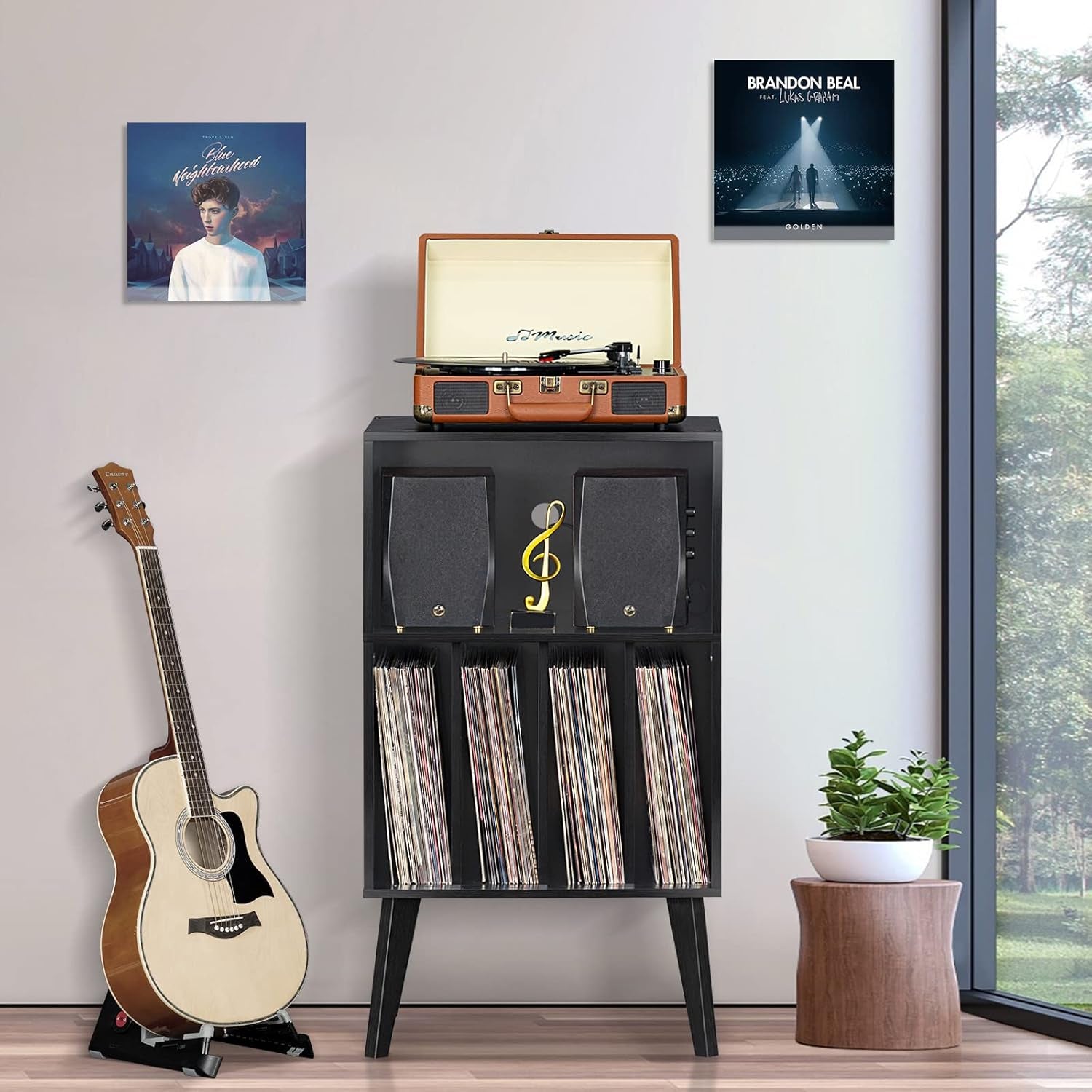 Record Player Stand, Black Turntable Stand Holds up to 160 Albums, Mid-Century Vinyl Storage Cabinet Table with Solid Wood Legs, Record Player Holder Dispaly Shelf for Bedroom Living Room