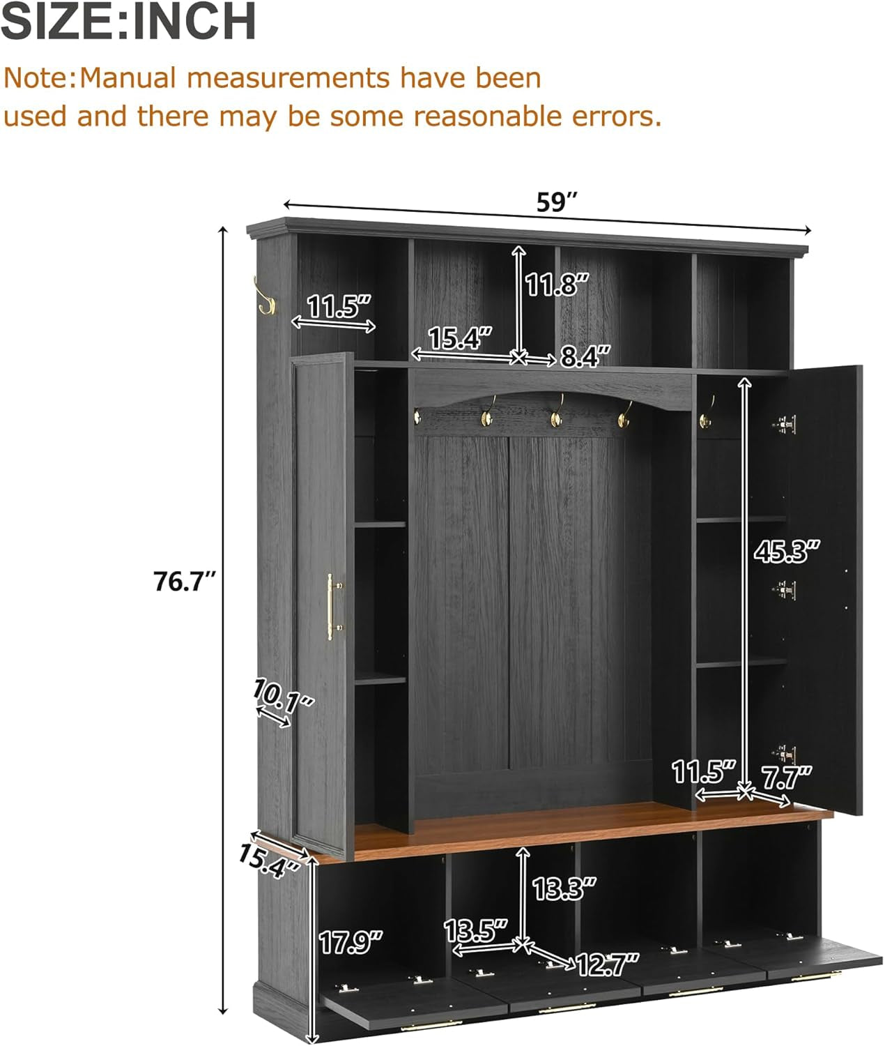 59" Farmhouse Hall Tree with Golden Hooks & Walnut Bench, Entryway Organizer with Adjustable Shelves, Shoe Storage, Anti-Tip for Mudroom, Living Room, Black