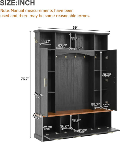 59" Farmhouse Hall Tree with Golden Hooks & Walnut Bench, Entryway Organizer with Adjustable Shelves, Shoe Storage, Anti-Tip for Mudroom, Living Room, Black