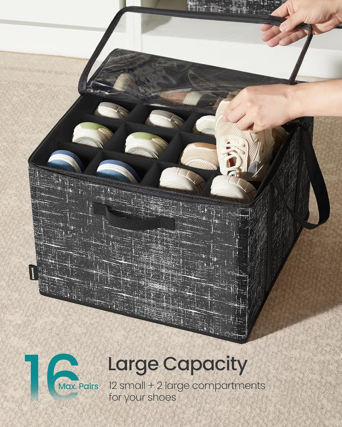 Shoe Organizer for Closet, Fits 16 Pairs, Shoe Storage Bin, Fabric Container with Handles and Clear Cover, for Bedroom, Entryway, Closet, Ink Black ULSP601B01