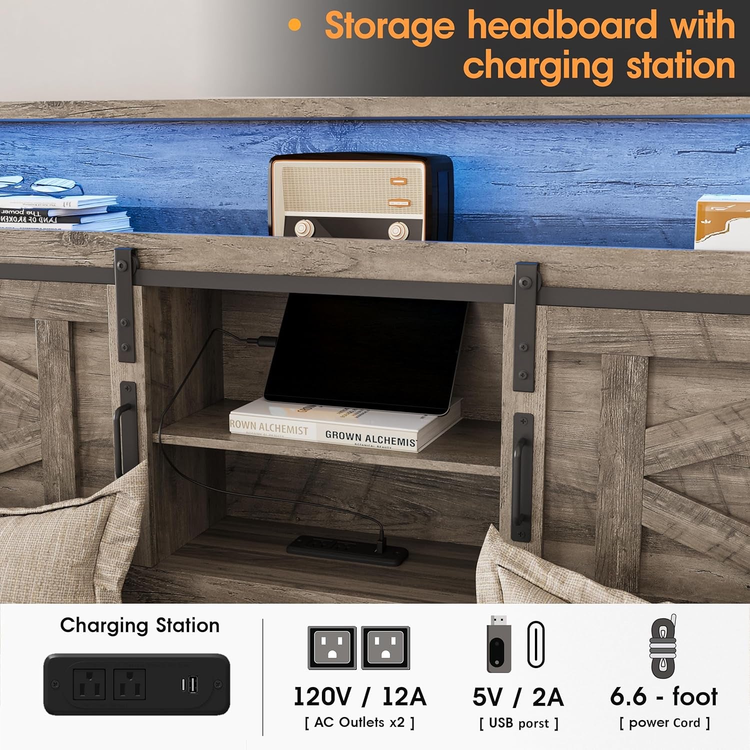 Farmhouse Queen Size Bed Frame with 4 Drawers and Bookcase Headboard, Sliding Barn Door Storage Shelves, LED Lights and Charging Station, No Box Spring Needed, Grey