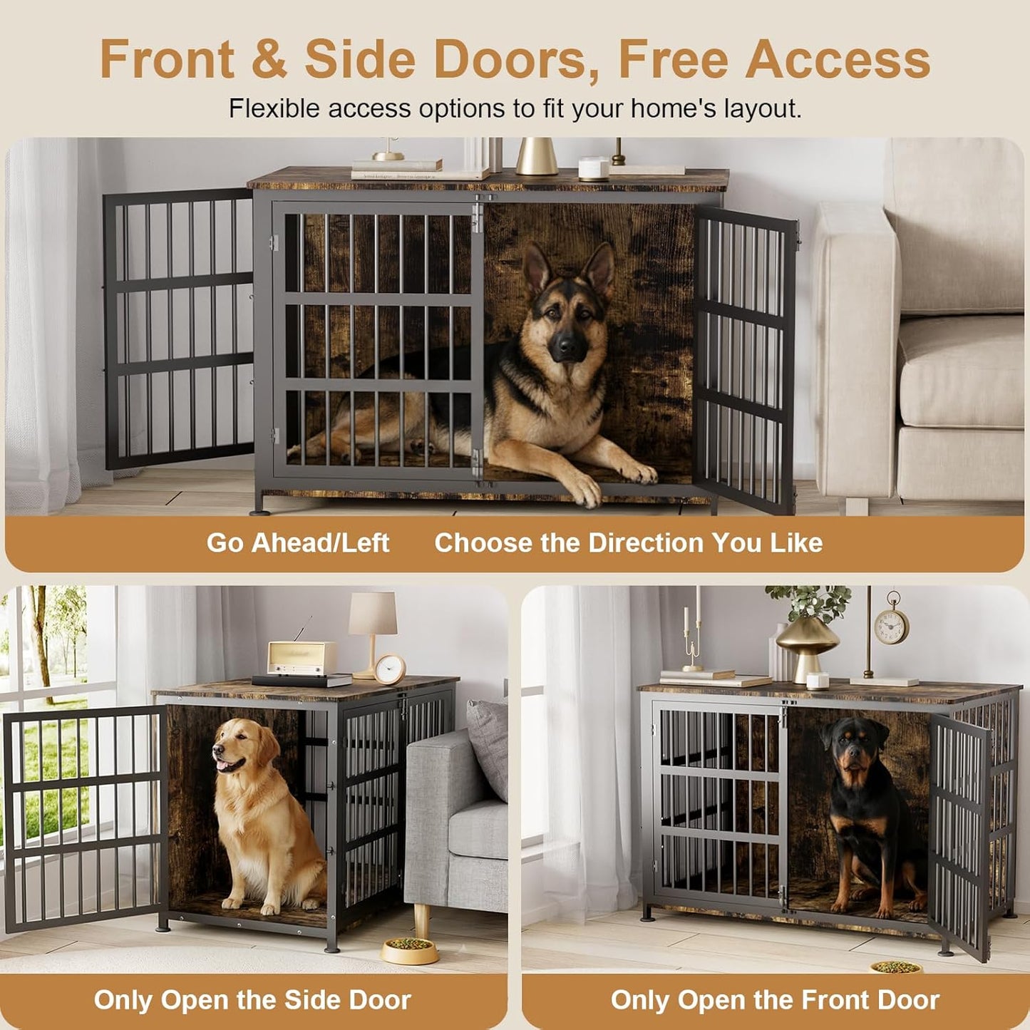 46" Dog Crate Furniture with Wheels, XXL Heavy Duty Dog Kennel Indoor for XL Dogs, Metal Chew-Proof Dog Cage, 45.9" L X 27.6" W X 32.4" H, Decorate House as TV Stand, End Table — Rustic Brown