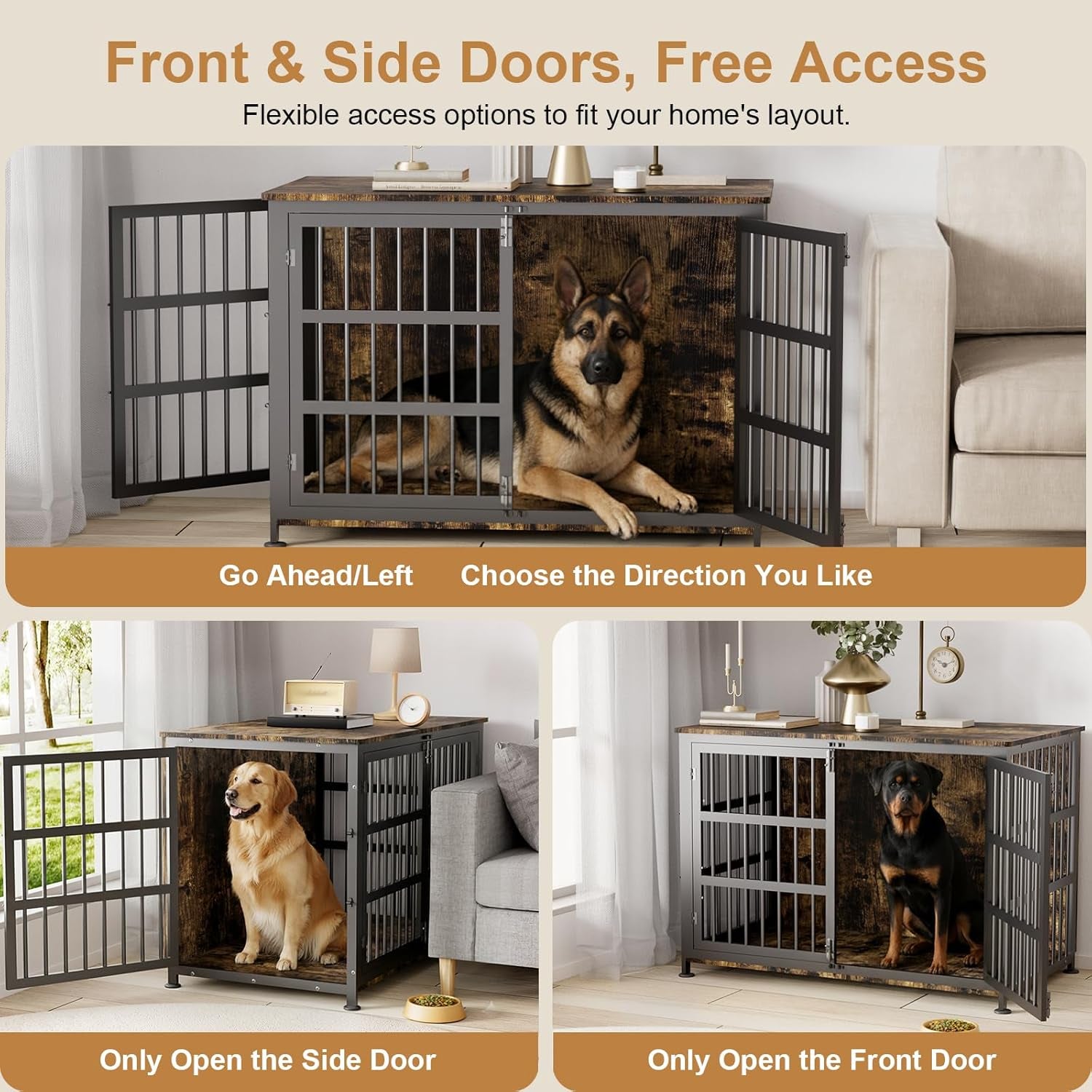 46" Dog Crate Furniture with Wheels, XXL Heavy Duty Dog Kennel Indoor for XL Dogs, Metal Chew-Proof Dog Cage, 45.9" L X 27.6" W X 32.4" H, Decorate House as TV Stand, End Table — Rustic Brown