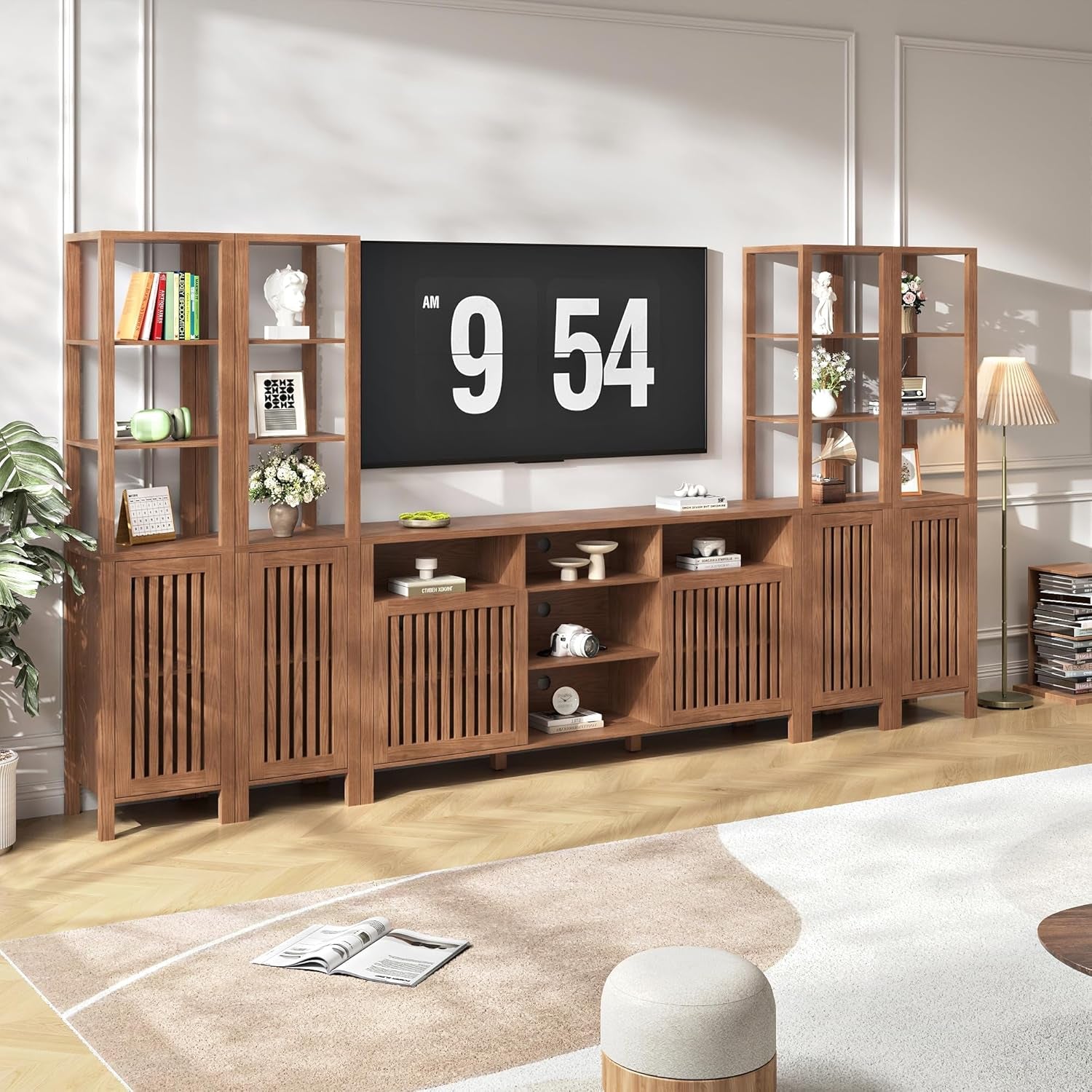 Farmhouse TV Stand for 70 Inch Tvs, Entertainment Center with Bookshelves - 6 Door Media Console with Adjustable Shelves, Storage Cabinet for Living Room Bedroom Home Theater, Rustic Brown