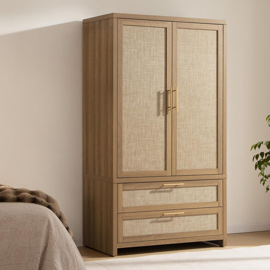 Rattan Armoire Wardrobe Closet Cabinet, 71" Tall Wardrobe Storage Cabinet with Doors, Larger Drawers and Hanging Rod, Boho Armoire Clothes Organizer for Bedroom, Laundry Room, Cloak Room, Oak