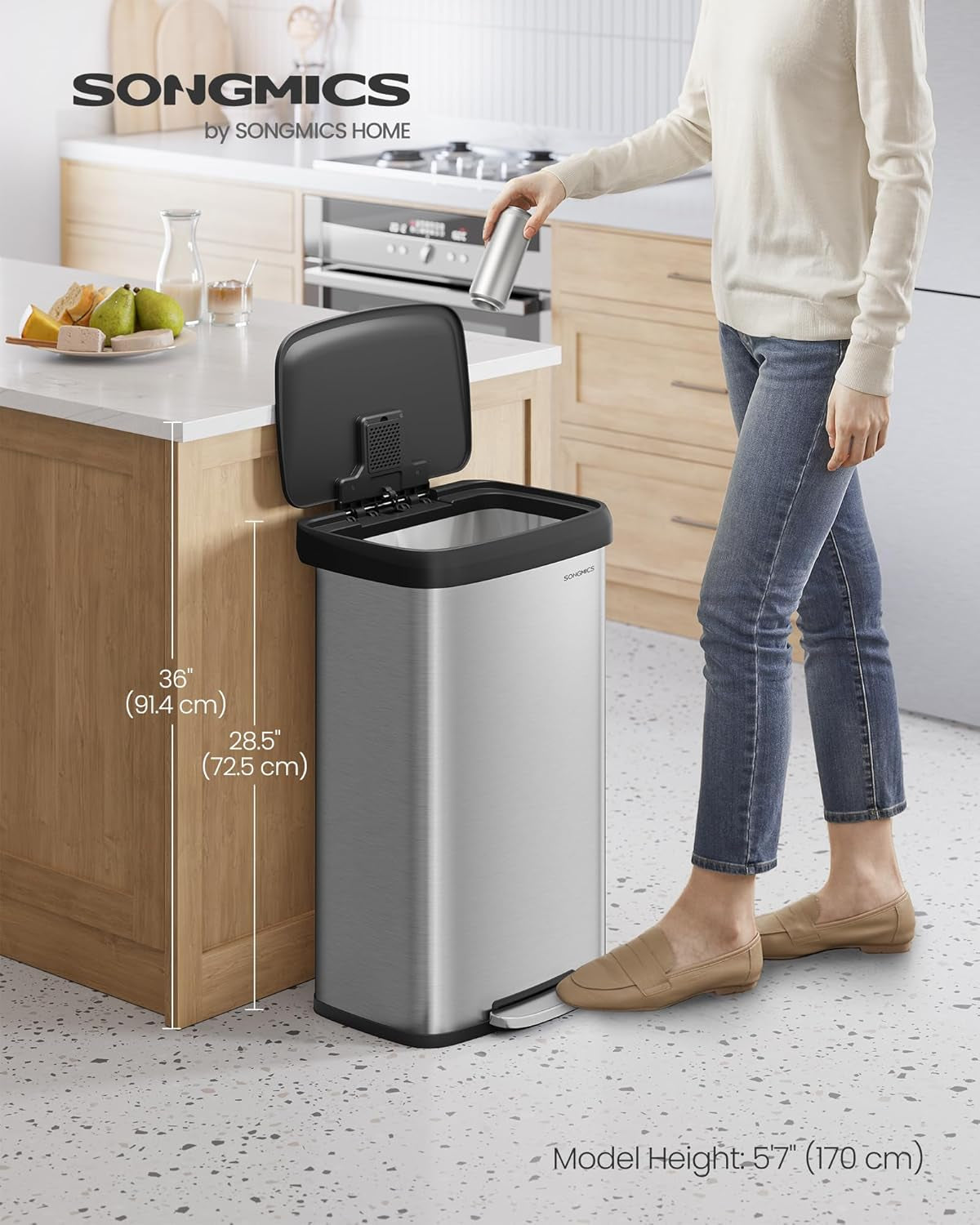 Kitchen Trash Can, 21 Gallon (80 L) Stainless Steel Garbage Can, with Stay-Open Lid and Step-On Pedal, Soft Closure, Tall, Large and Space-Saving, Silver and Black ULTB534E01