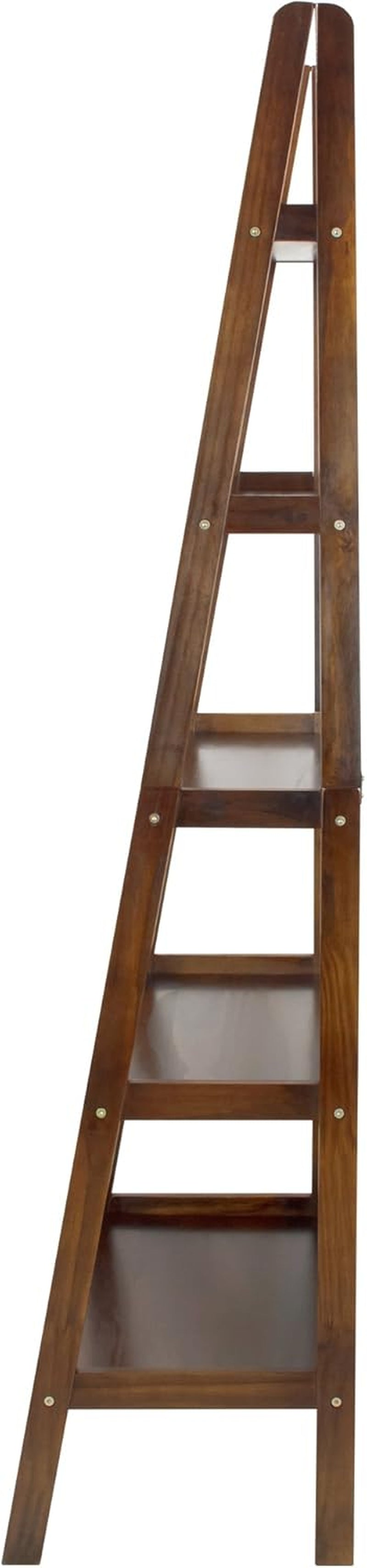 100% Solid Wood 5-Shelf Ladder Bookcase, 24.75"W X 16"D X 72"H, Warm Brown, 5-Tier Freestanding Ladder Shelf