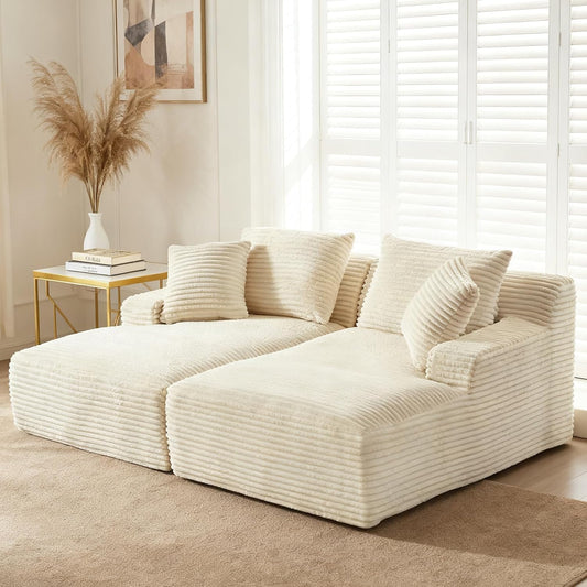 80" Double Chaise Lounge Chair Indoor, Oversized Boneless Couch Comfy Upholstered Sleeper Sofa Bed with 4 Pillows, Corduroy Cloud Loveseat Chair for Living Room No Assembly Required, White