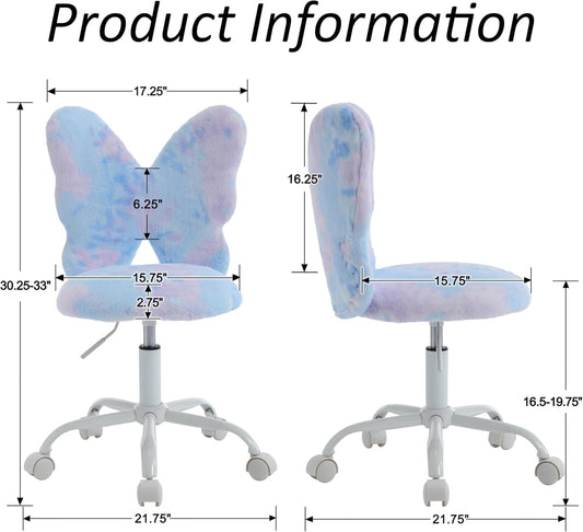 Butterfly Kids Desk & Chair - Adjustable, Swivel, Furry, Blue - Home, Bedroom, School, Dorm