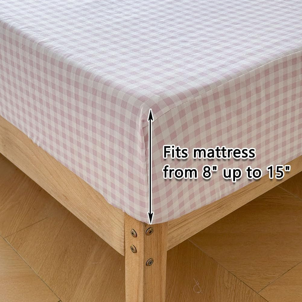 Pink Gingham Ruffle Queen Sheet Set, Pink Soft Pre-Washed Microfiber Plaid Queen Bed Sheets, 4-Pieces Farmhouse Sheet Set with Deep Pocket