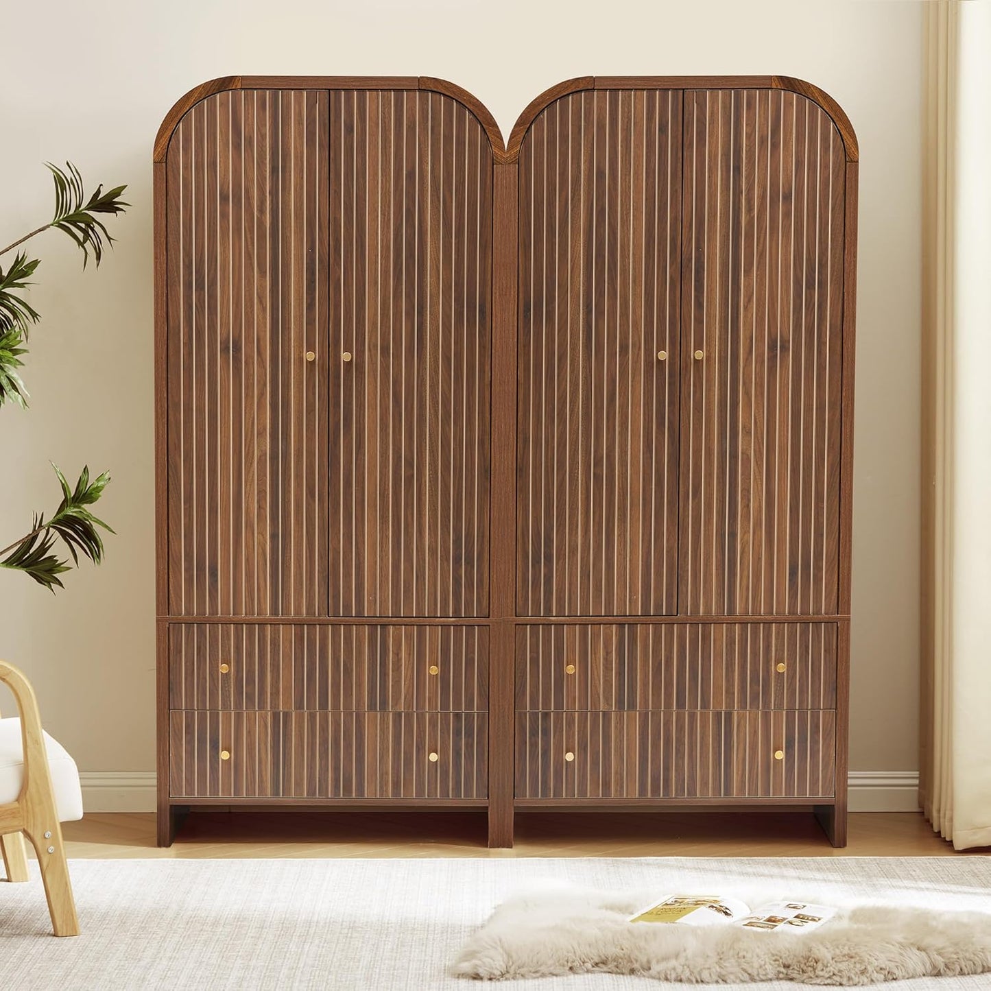 Arched Armoire Wardrobe Closet, Mid-Century Modern 2-Door Freestanding Wardrobe with Hanging Rod and 2 Drawers, Fluted Carved Clothing Storage Cabinet for Bedroom (Walnut)