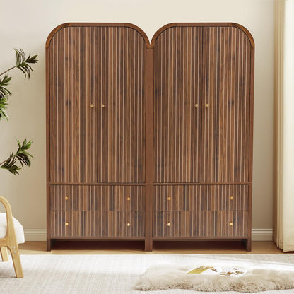 Arched Armoire Wardrobe Closet, Mid-Century Modern 2-Door Freestanding Wardrobe with Hanging Rod and 2 Drawers, Fluted Carved Clothing Storage Cabinet for Bedroom (Walnut)