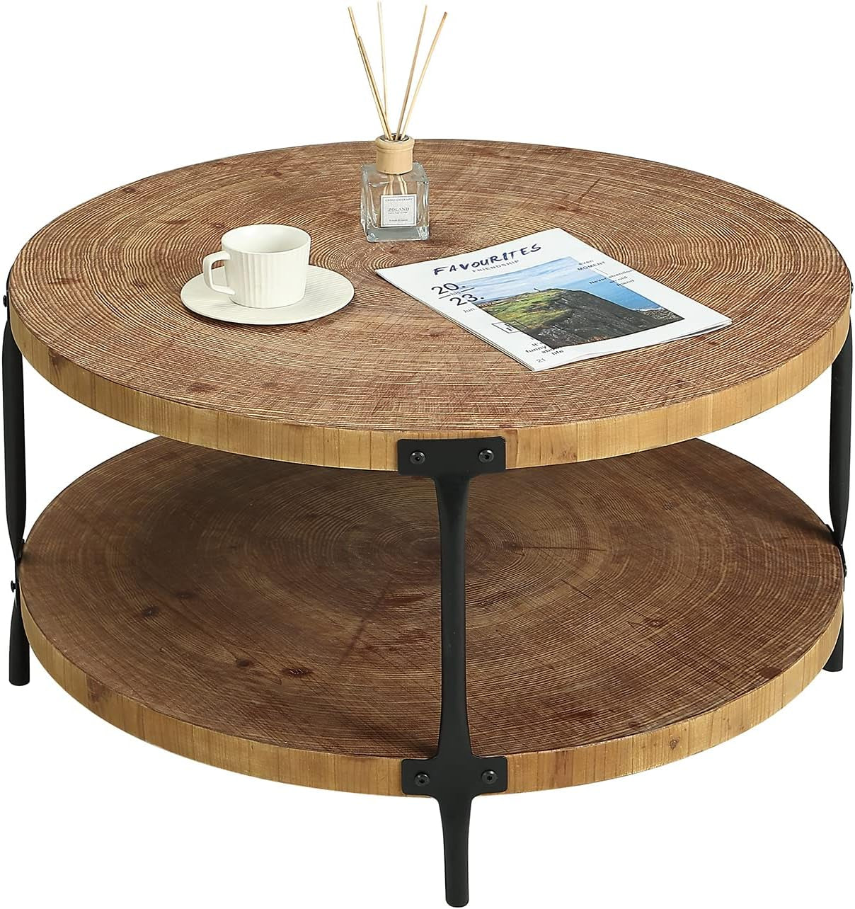 Round Boho Wood Coffee Table - 29.1" Farmhouse Natural Circle Wooden 2-Tier Coffee Tables Living Room Furniture, 29.1" D X 18.3" H, Natural Wood Color