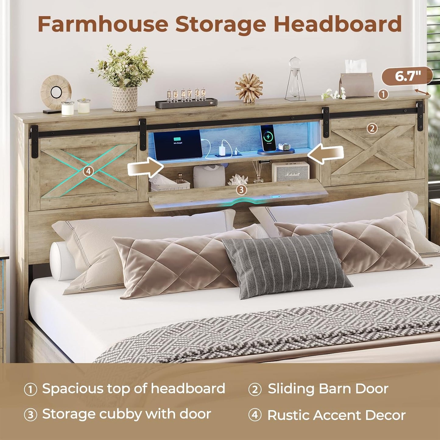 Farmhouse Bed Frame California King Size with Storage Bookcase Headboard, Wooden Cal King Bed with LED Lights, Charging Station, 2 Drawers, Country Rustic Bed Frame with Sliding Barn Door
