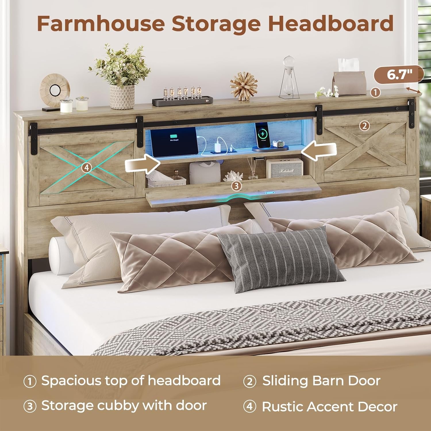 Farmhouse Bed Frame California King Size with Storage Bookcase Headboard, Wooden Cal King Bed with LED Lights, Charging Station, 2 Drawers, Country Rustic Bed Frame with Sliding Barn Door