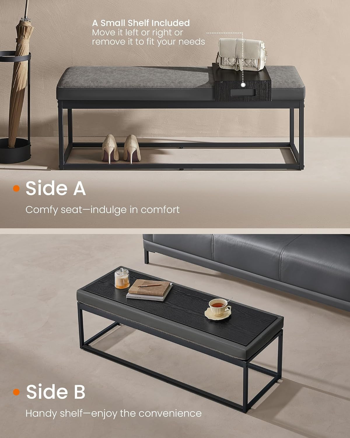 HOME LUIZ Collection - Ottoman Bench, End of Bed Bench, Reversible Top, Shoe Bench with Small Removable Shelf, Max. Load 660 Lb, for Bedroom, Living Room, Entryway, Dove Gray ULOM081G01V1