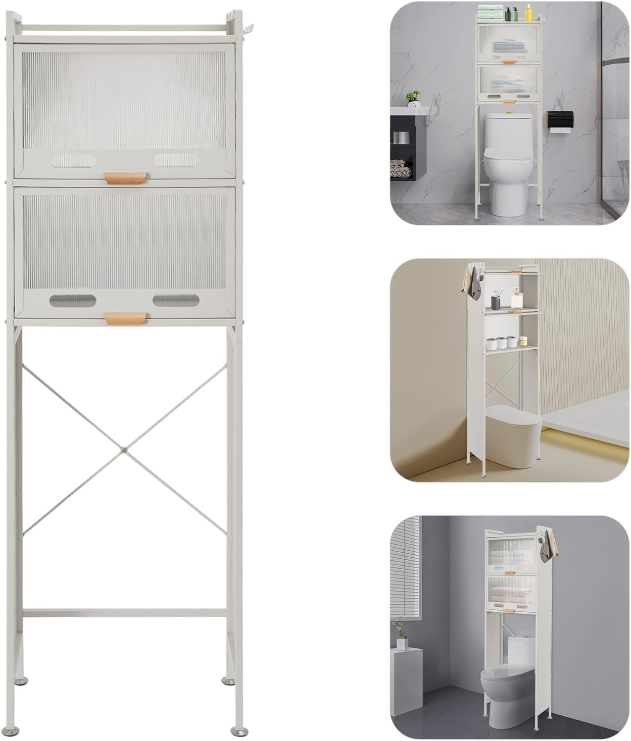Over the Toilet Storage Cabinet with Flip Door, Metal Bathroom Shelf Organizer, Space Saver Freestanding Rack above Toilet Storage Cabinet with X-Shaped Crossbar (White)