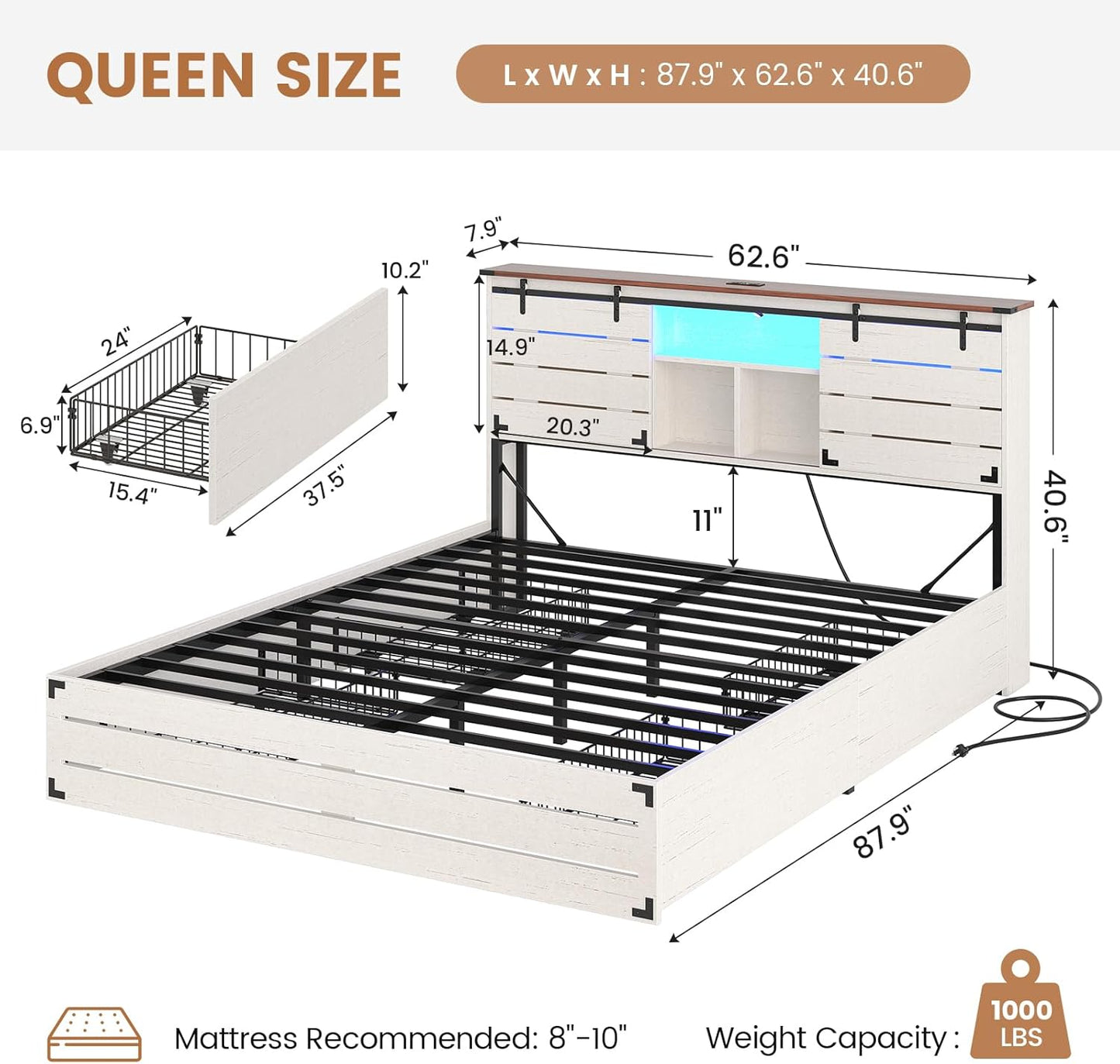 Wooden Bed Frame Queen Size with Bookcase Headboard and Sliding Barn Door, Farmhouse Queen Bed Frame with Charging Station, LED Lights and 4 Storage Drawers, No Box Spring Needed, White
