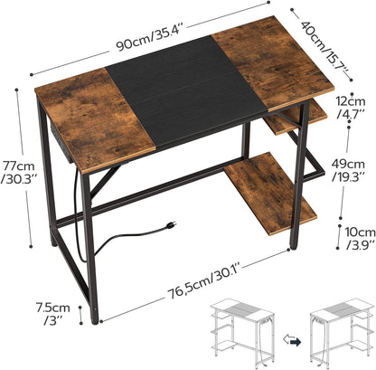 Computer Desk, Home Office Desk with Power Outlet, Writing Desk with 2 Shelves, Modern Small Desk for Home Office, Study, Easy to Assemble, Rustic Brown and Black BF43UDN01