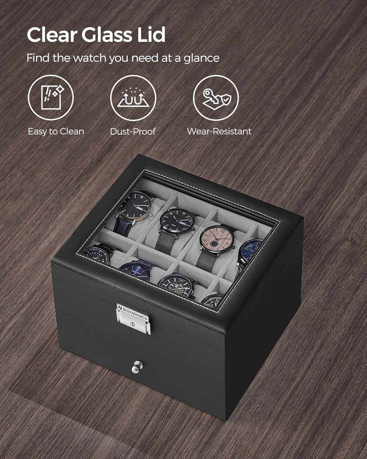 16-Slot Watch Box, Watch Case with Glass Lid, 2 Layers, Lockable Watch Display Case, Black Synthetic Leather, Greenish Gray Lining UJWB016G01
