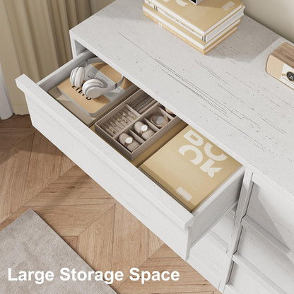 6 Drawer Dresser for Bedroom, 47In Wide Antique White 6 Chest of Drawers with Large Storage, Wooden Dresser Organizer for Living Room, Nursery, Entryway