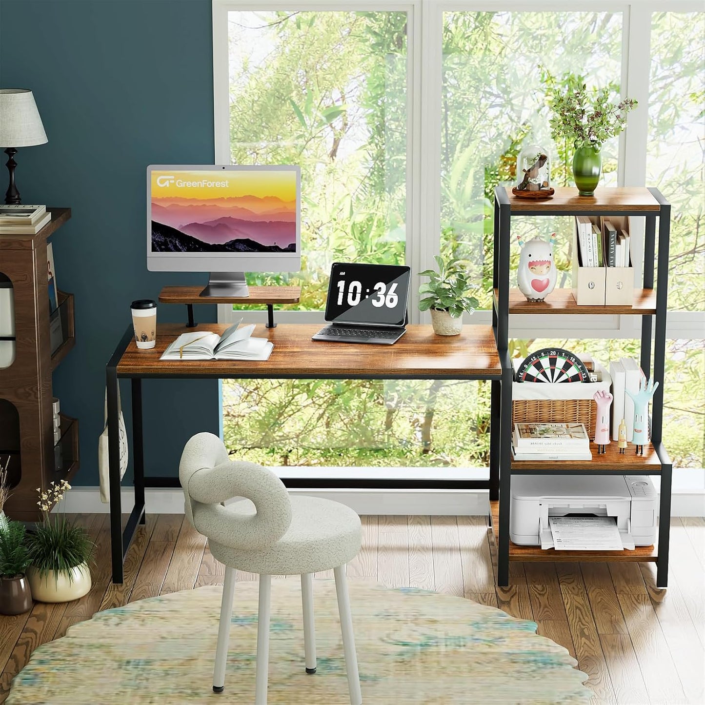 Computer Desk 58 Inch with Printer Shelf, Reversible Office Desk with Monitor Stand and 2 Hooks, Home Workstation for Study Writing Working Gaming, Brown