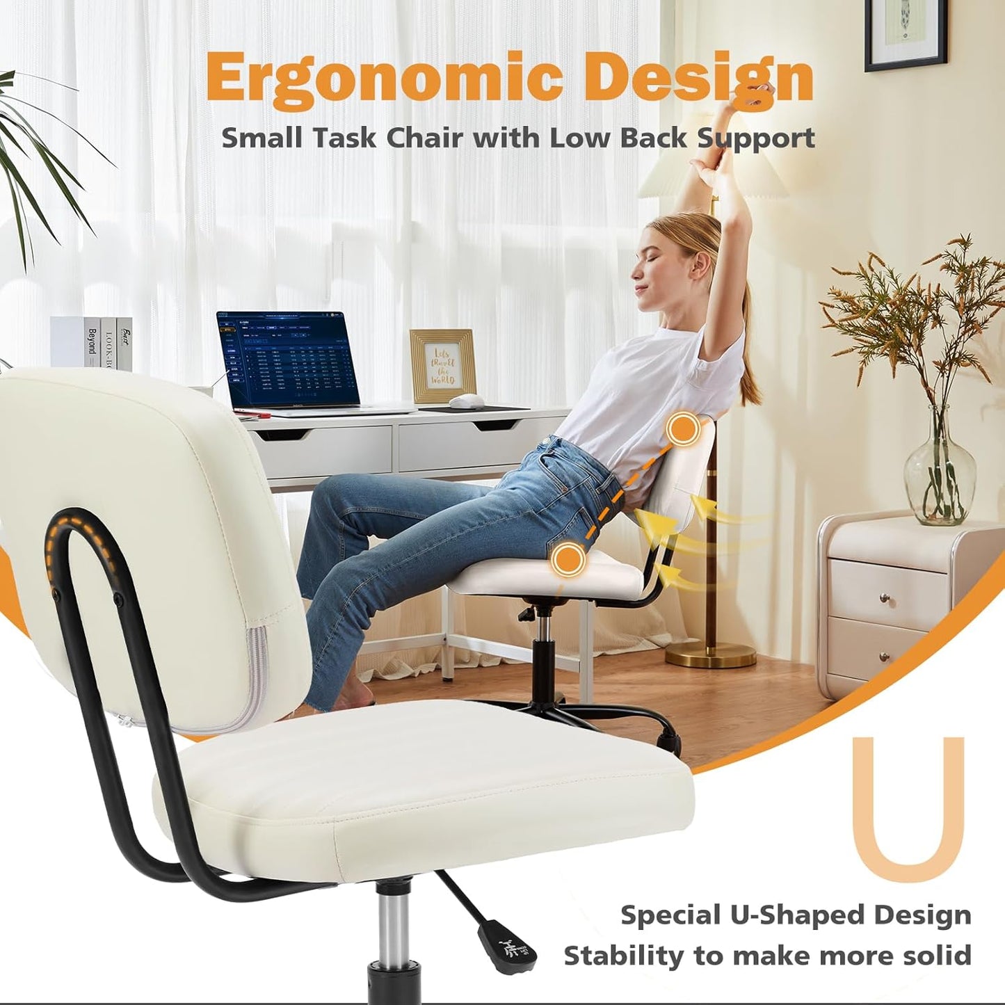 Small Office Desk Chair - Armless PU Leather with Comfy Lumbar Support, Height Adjustable Rolling Swivel Task for No Arms, for Adult, Student, Bedroom, Home, Vanity, Beige White