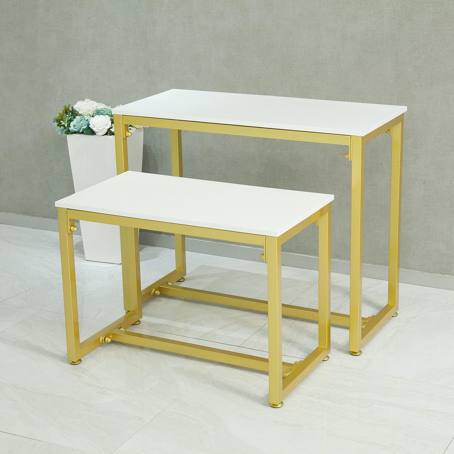 Metal Shoe Handbag Retail Display Racks, Nesting Tables 2 Piece Set, Display Stand for Retail Stores, Iron and Wood, Gold