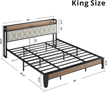 California King Bed Frame, Storage Headboard with Charging Station, Platform Bed Frame with Strong Metal Support, Sturdy and Stable, Noise Free, No Box Spring Needed, Easy Assembly