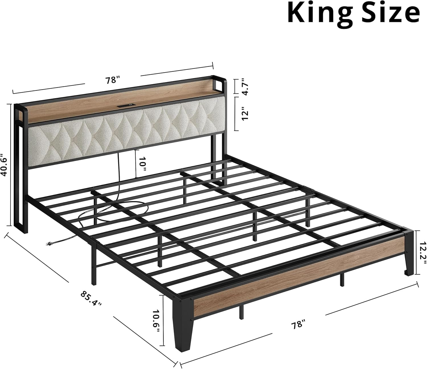 King Bed Frame, Storage Headboard with Charging Station, Platform Bed Frame with Strong Metal Support, Sturdy and Stable, Noise Free, No Box Spring Needed, Easy Assembly
