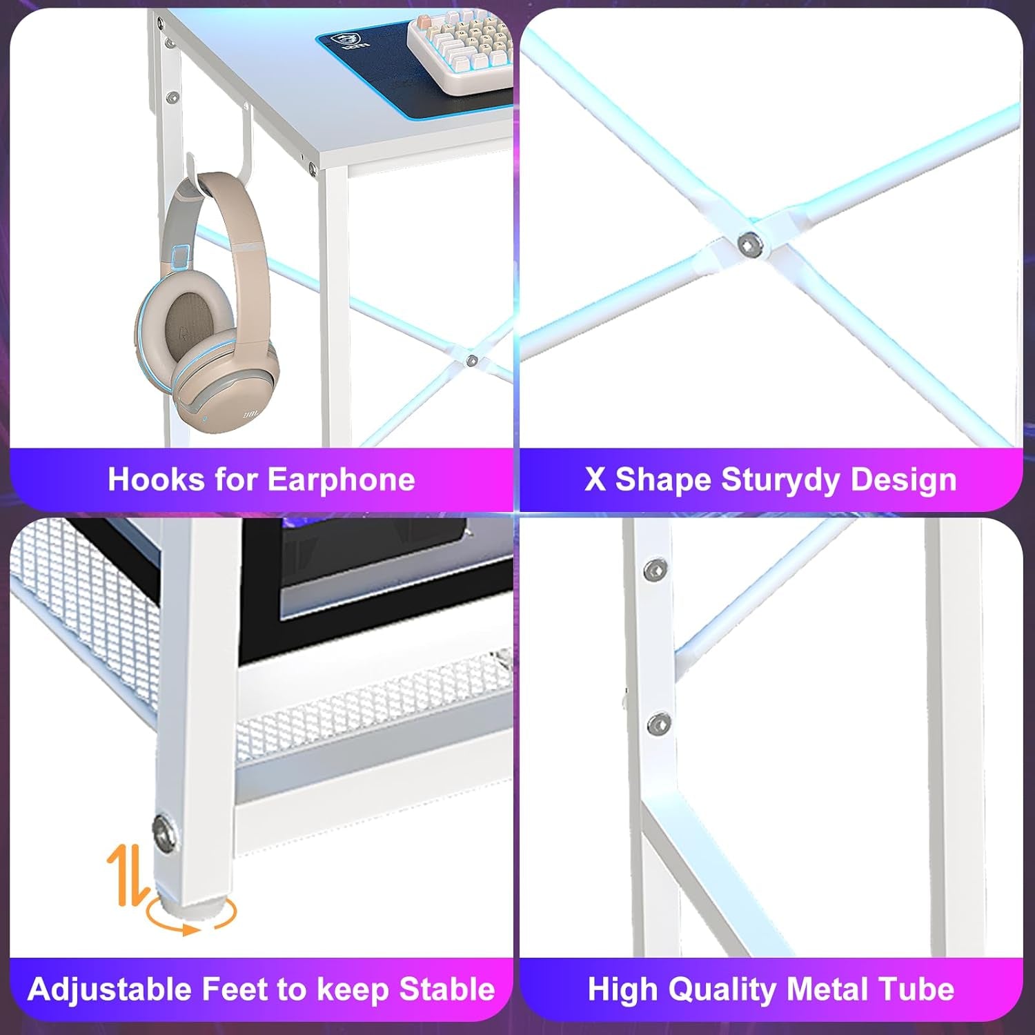 33.5" Small Gaming Desk with LED Lights & Power Outlets, Compact Computer Desk with Monitor Stand & CPU Stand, Gamer Table with Storage Drawer, Side Hooks for Home Office, Bedroom, White