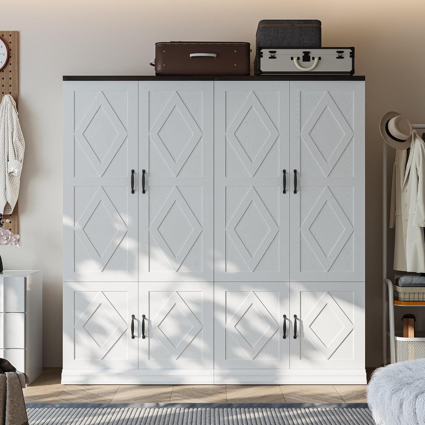 Wardrobe Closet, 71" H Tall Wooden Closet with 5 Clothing Shelves, 4 Doors and Hanging Rod for Hanging Clothes, Bedroom Freestanding Armoire Storage Cabinet, Stand Alone Clothing Unit, White