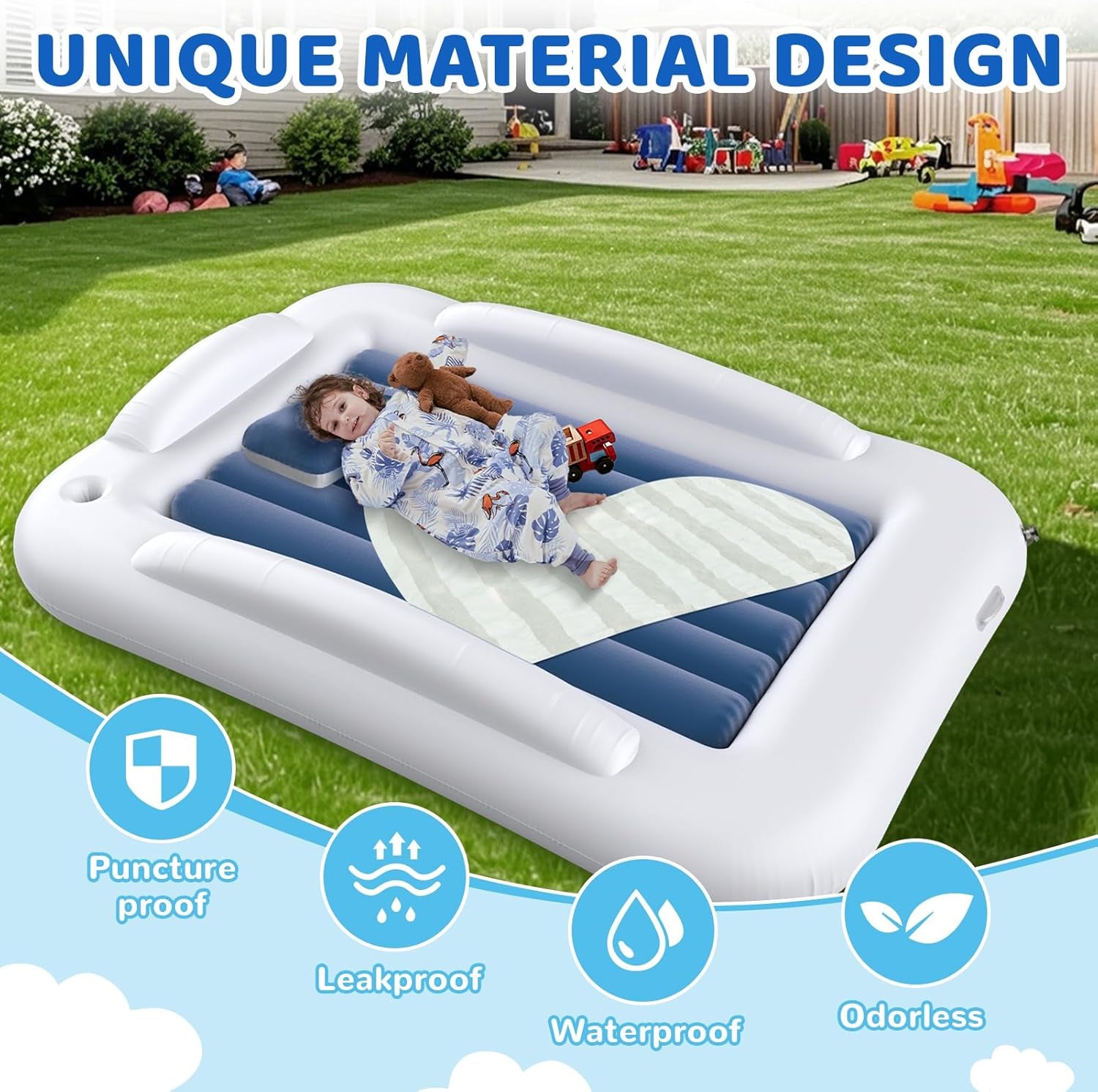 Inflatable Toddler Travel Bed - 60 Inches Portable Toddler Bed for Travel with Safety Sides - Cozy Kids Air Mattress Set with High-Speed Pump & Carry Case - Lightweight & Easy to Inflate -Blue