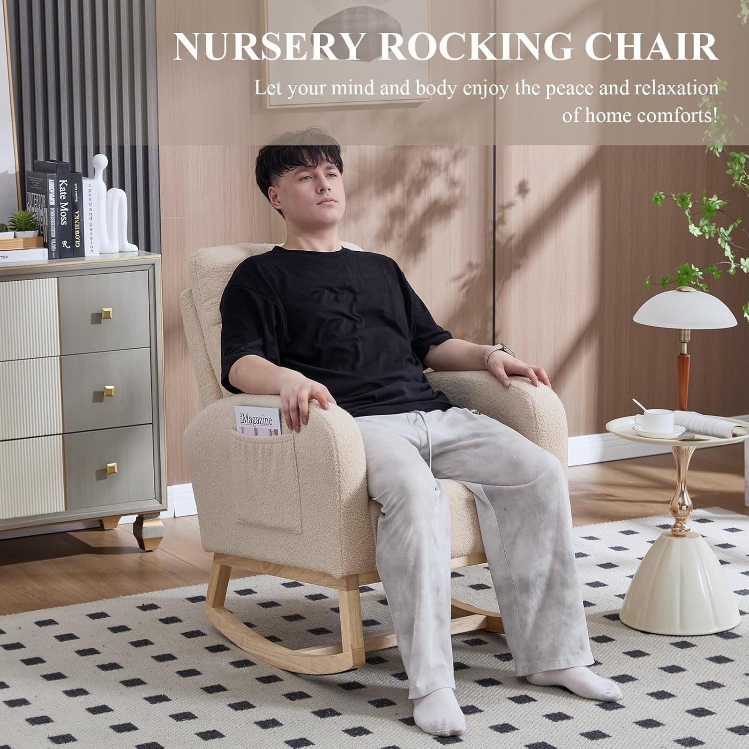 Nursery Rocking Chair, Teddy Upholstered Glider Chair with Side Pocket, Glider Rocker Chair with Tufted Back, Comfy Accent Nursing Chair for Living Room (Beige Retro)