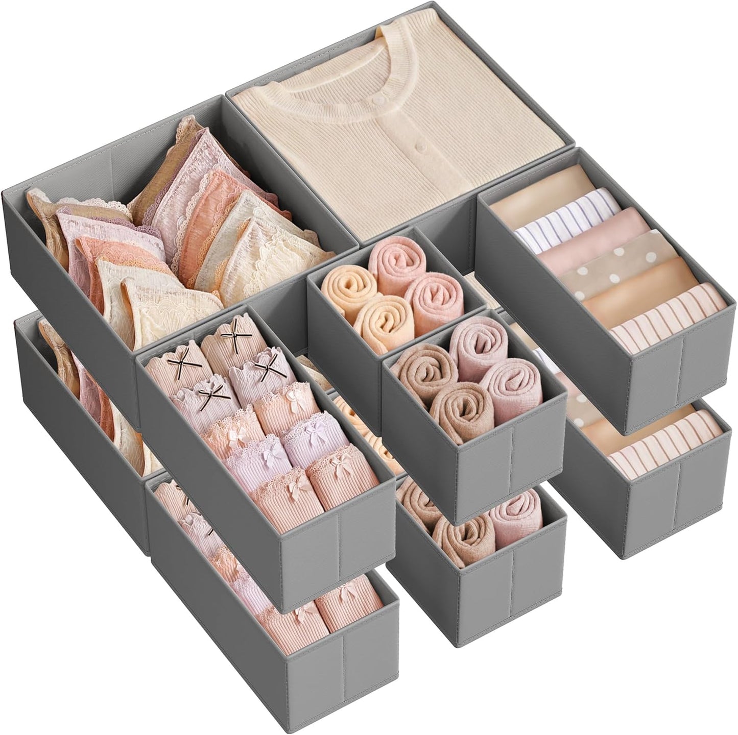 Drawer Organizers, Dresser Divider Organizers, Set of 18, Foldable Fabric Storage Boxes for Socks, Underwear, Bras, Ties, Scarves, Dove Gray URDZ006G05