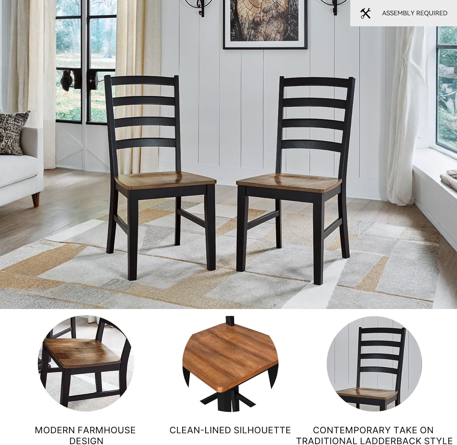Signature Design by Ashley Wildenauer Dining Chairs Set of 2, Modern Ladderback Dining Chairs with Solid Wood Frame, Two-Tone Finish, Contoured Seat, Black/Brown
