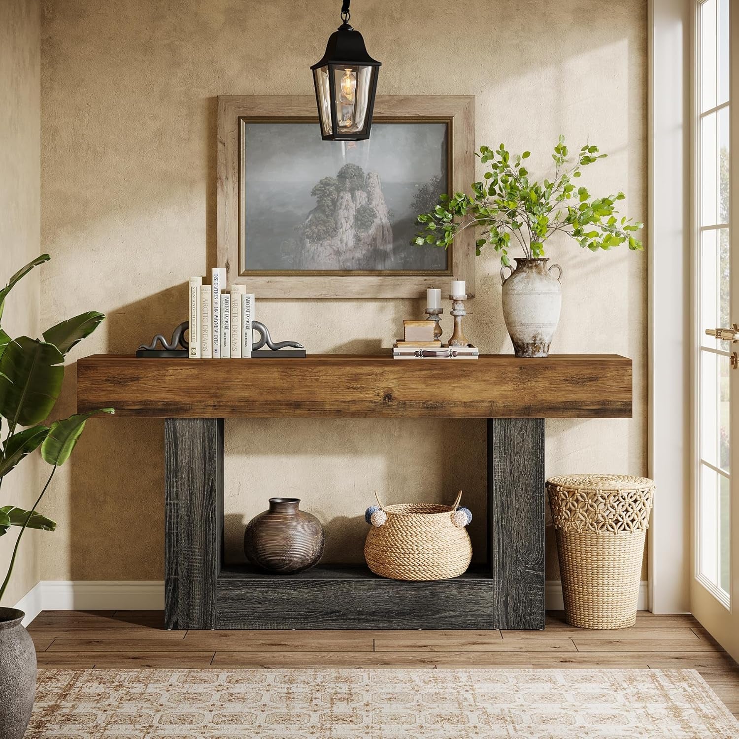63-Inch Long Console Table, 2-Tier Entryway Table Sofa Table with Storage, Farmhouse Wood behind Couch Tables for Living Room, Hallway, Rustic Brown & Gray
