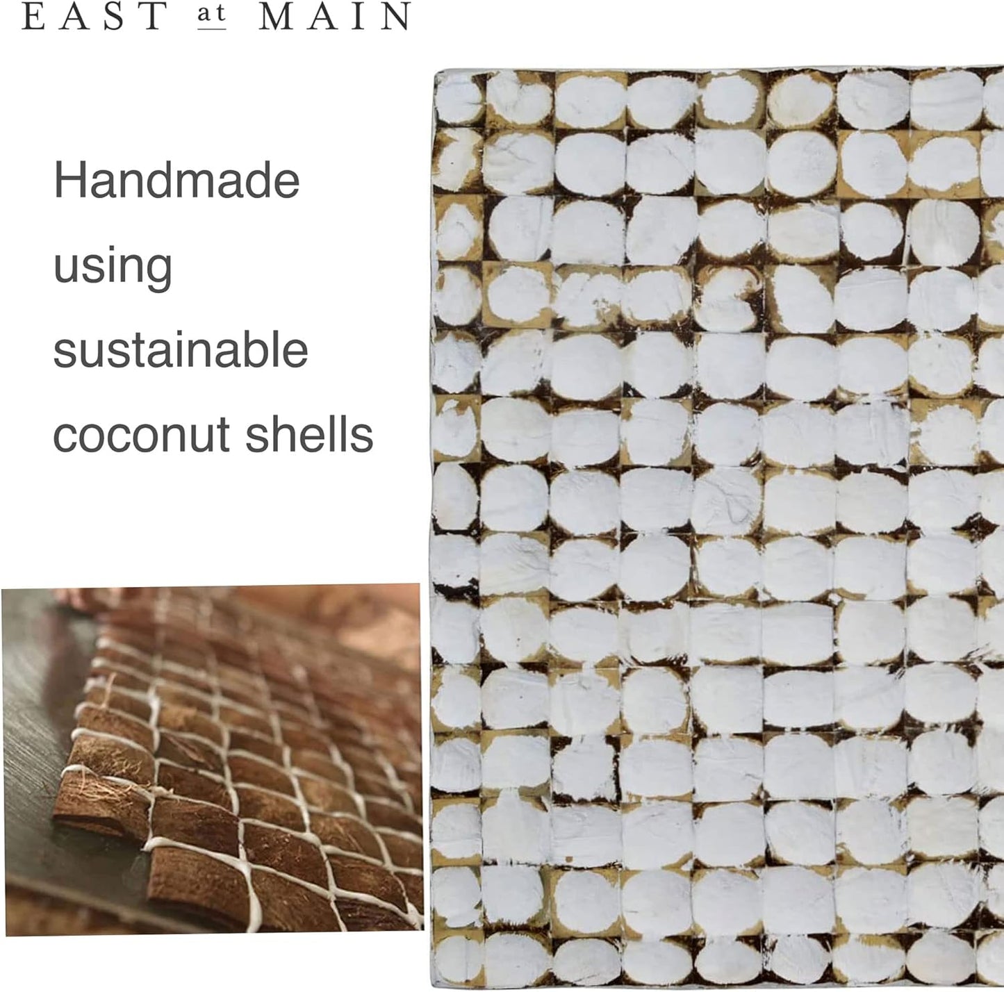 round Side Table - Real Coconut Shell Mosaic Inlaid, Pre-Assembled, Natural Wood and Patina Finish (White/Square)