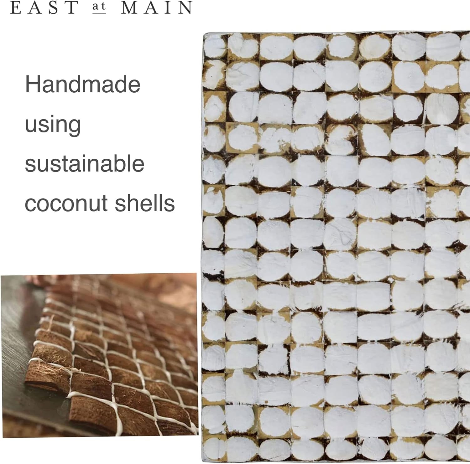 round Side Table - Real Coconut Shell Mosaic Inlaid, Pre-Assembled, Natural Wood and Patina Finish (White/Square)