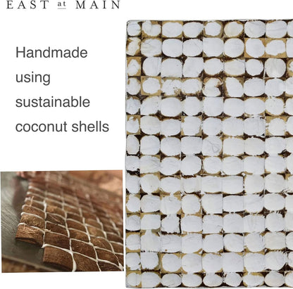 round Side Table - Real Coconut Shell Mosaic Inlaid, Pre-Assembled, Natural Wood and Patina Finish (White/Square)