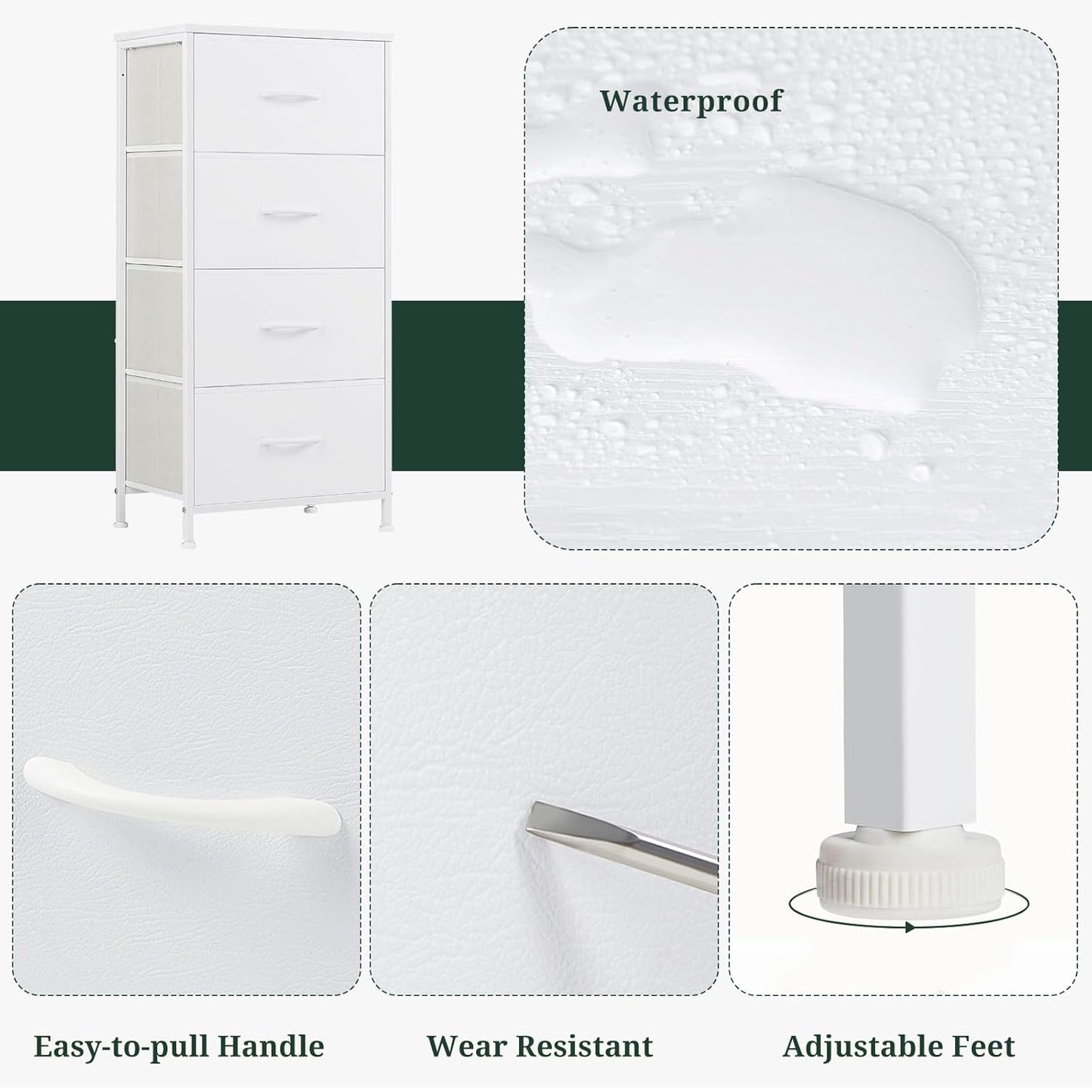 Nightstand, 4 Drawer Dresser End Table Bedside Furniture with Wooden Top Steel Frame Fabric Bins for Bedroom, Closet, Entryway, Dorm, Living Room, White