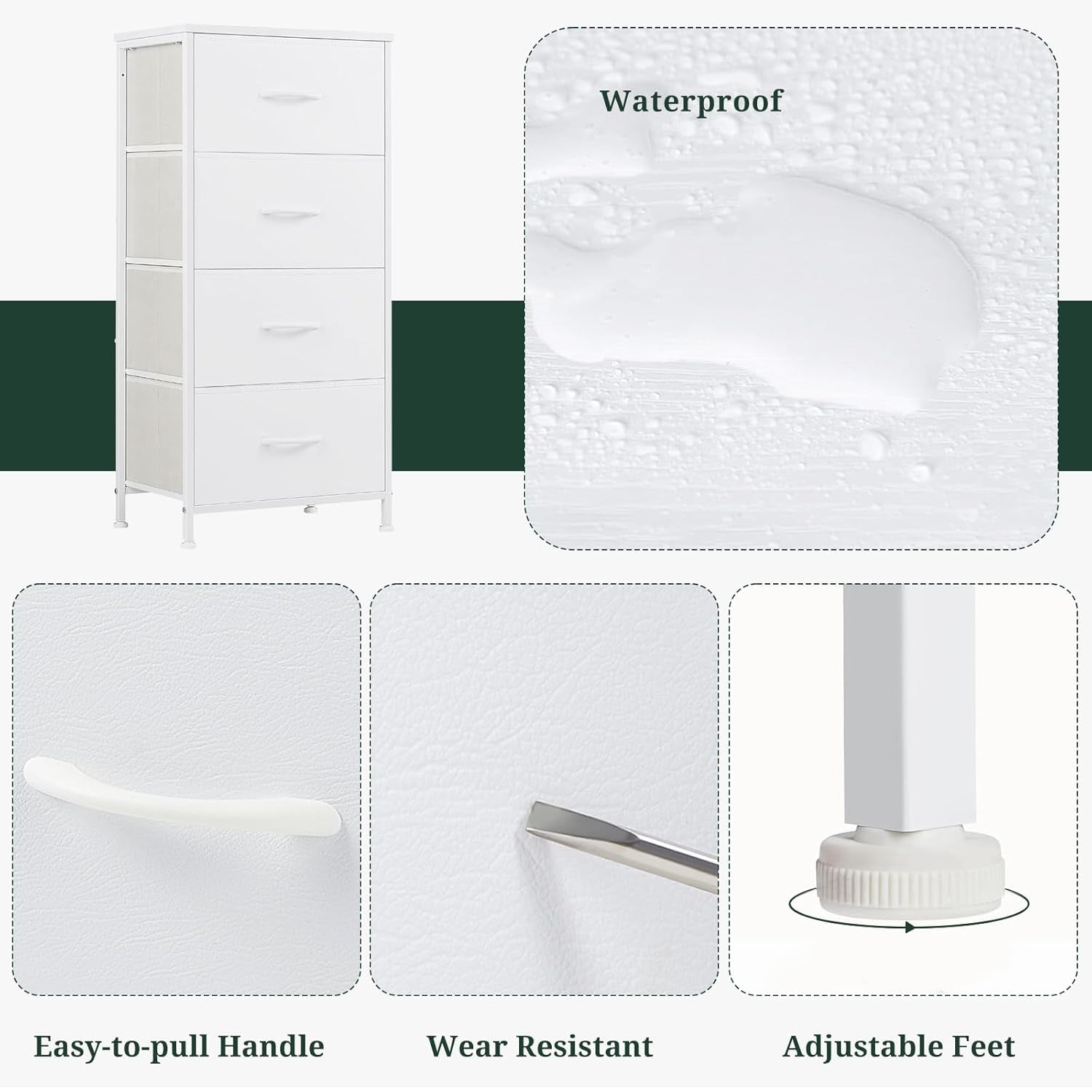 Nightstand, 4 Drawer Dresser End Table Bedside Furniture with Wooden Top Steel Frame Fabric Bins for Bedroom, Closet, Entryway, Dorm, Living Room, White