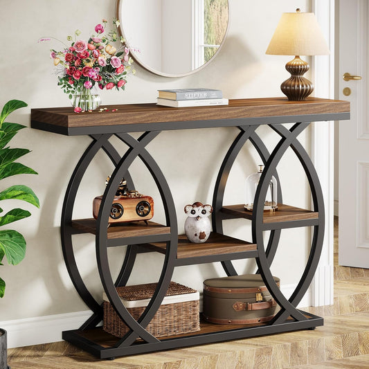39.4" Console Table, Industrial 4-Tier Sofa Table Entryway Table with Storage Shelves, Narrow Wood Accent Tables with Metal Frame for Small Spaces, Hallway, Foyer, Rustic Brown