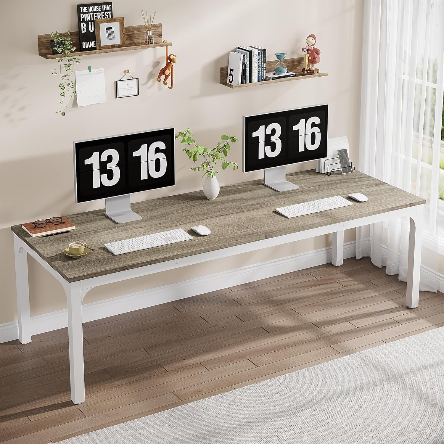 2-Person Home Office Desk, 78.7" Extra Long Computer Desk, Double Workstation for Home Office, Work Desk for Two People (Oak)